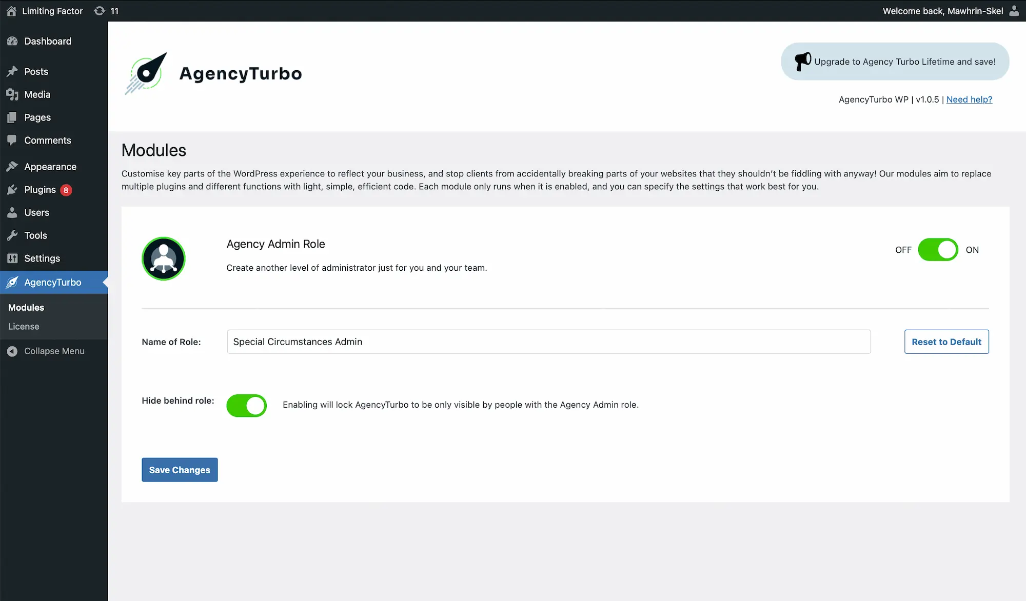 Agency Turbo interface showing how to enable the agency-only admin role in WordPress