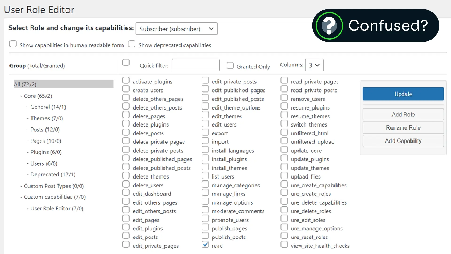 Example of a WordPress role editor plugin interface with complex capabilities