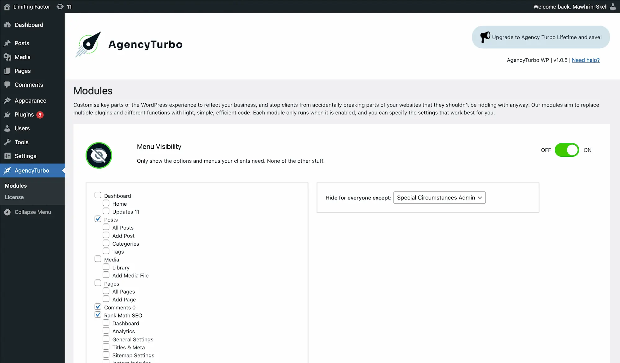 Agency Turbo Menu Visibility module interface for hiding admin menu items in WordPress by user role